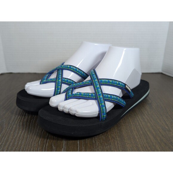 TEVA Strappy Sandals Womens 8 Blue Green Black Flip Flops Lightweight Logo - Picture 1 of 12